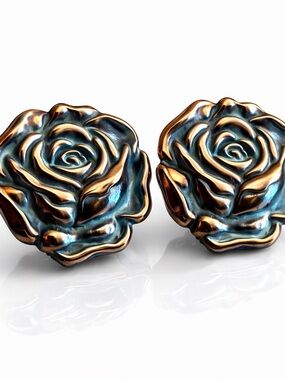 VINTAGE Rose Stud Earrings Sterling Silver Patina Floral Statement